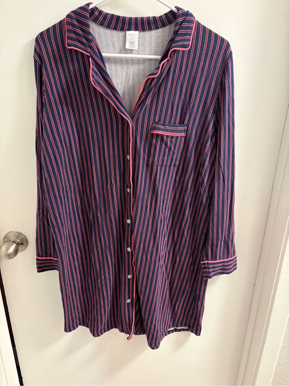 Liz Claiborne Navy and Pink Striped Button-Front Sleep Shirt